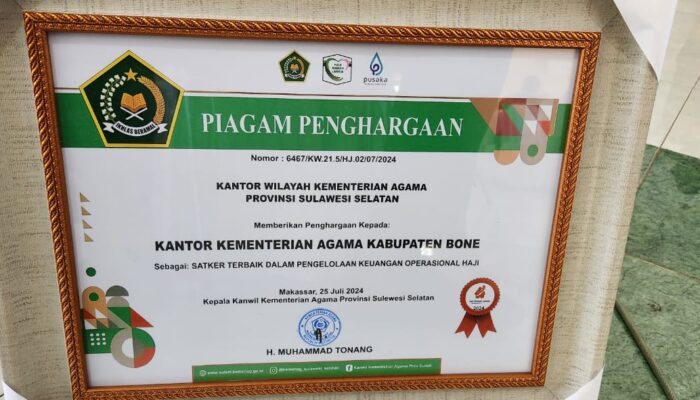 Satker Terbaik Kelola Keuangan Operasional Haji, Kemenag Bone Diganjar Penghargaan