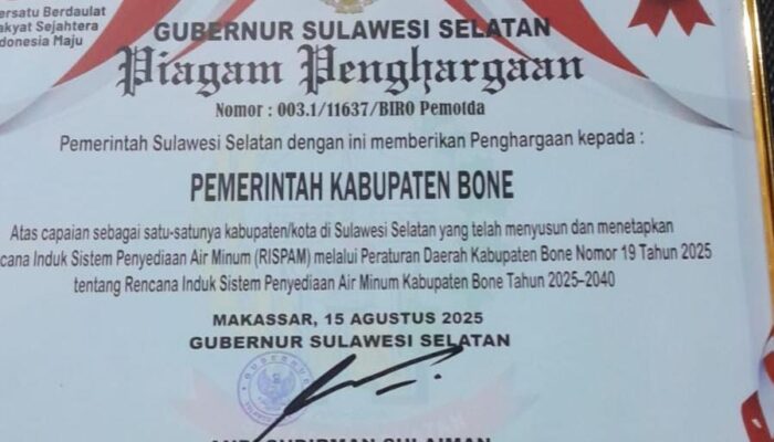 Bone Diganjar Penghargaan Penyusunan RISPAM, Satu-satunya di Sulsel