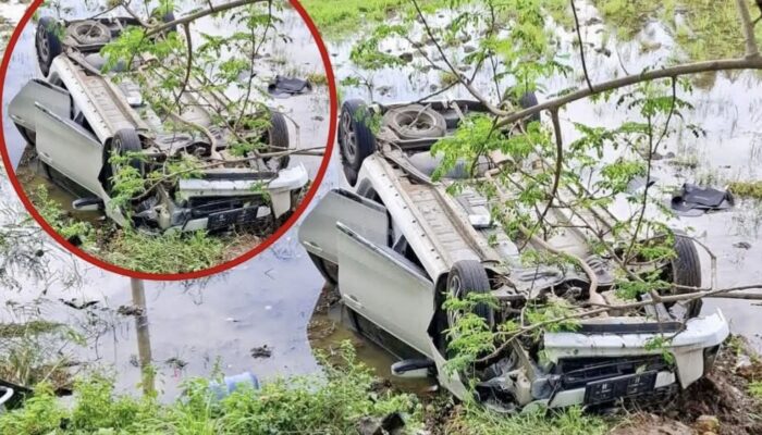Lakalantas Mobil Terjun ke Sawah Saat Hujan Gerimis di Jalan Poros Bone-Wajo