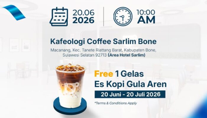 Kafeologi Coffee Sarlim Bone Launching Hari Ini, Siapkan Promo Gratis Es Kopi Gula Aren 20 Juni – 20 Juli