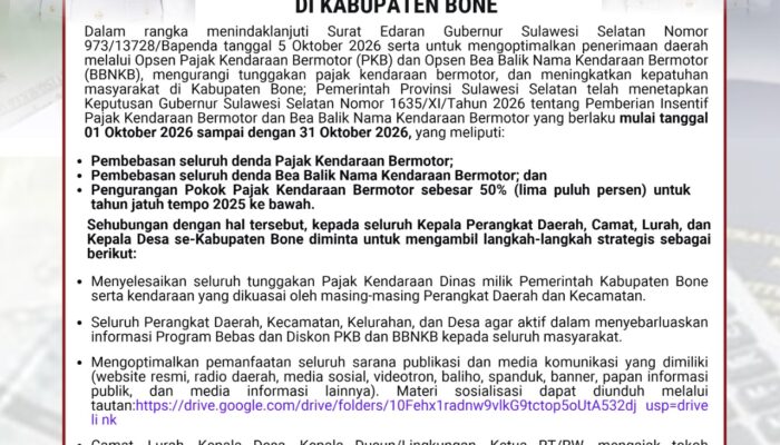 Ayo Warga Bone Bayar Pajak Kendaraan! Ini 3 Keringanan Diberikan Pemerintah hingga 31 Oktober 2026